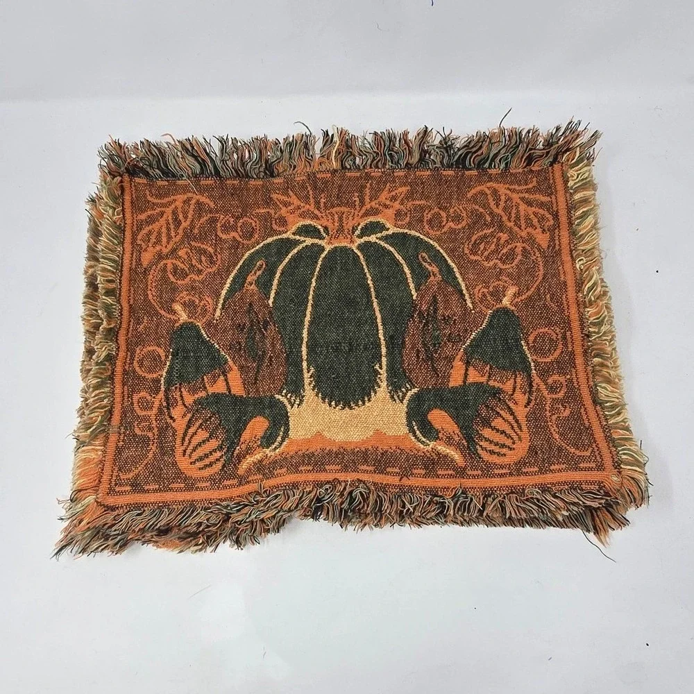 Vtg tapestry Autumn pumpkin placemats Thanksgiving harvest woven table linens